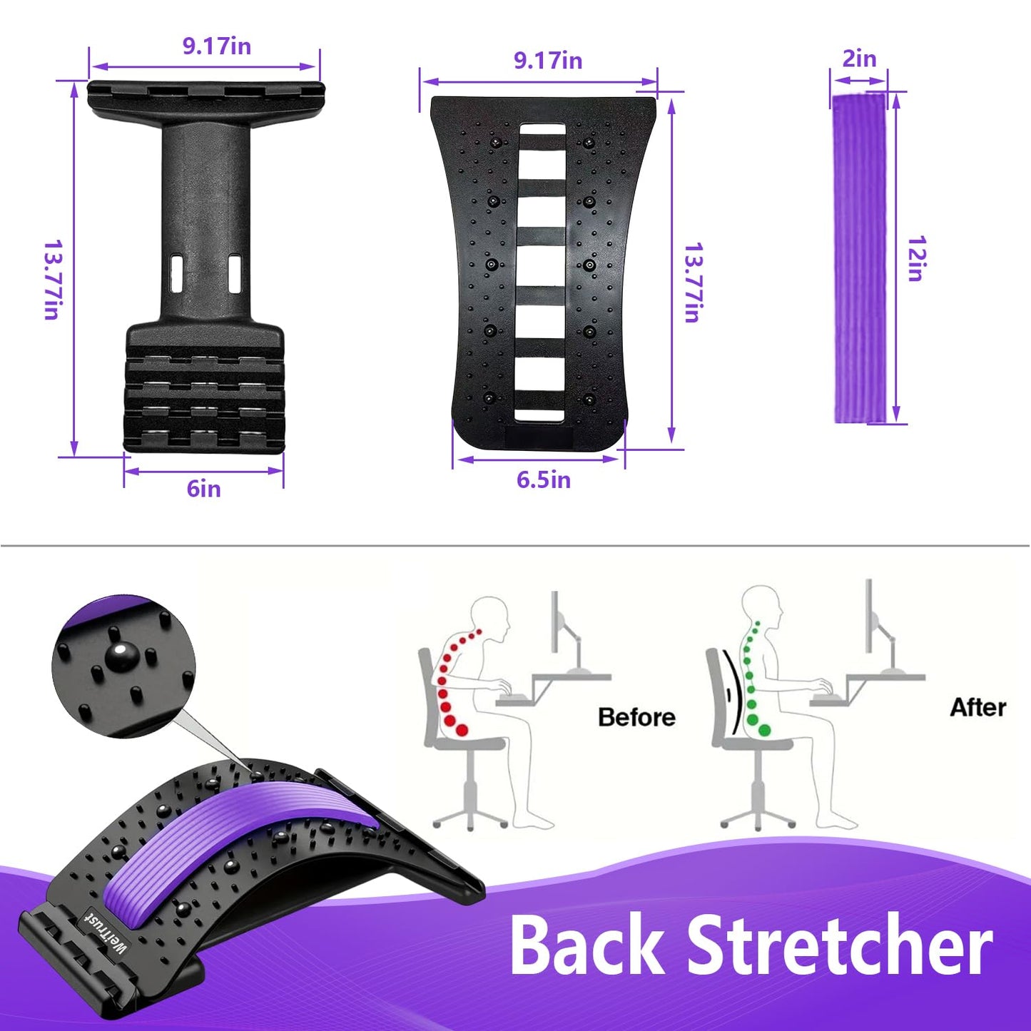 Back Stretcher - 4-Level Adjustable Lumbar Support Board & Back Cracker for Lower Back Pain Relief, Home Office Use (Purple)