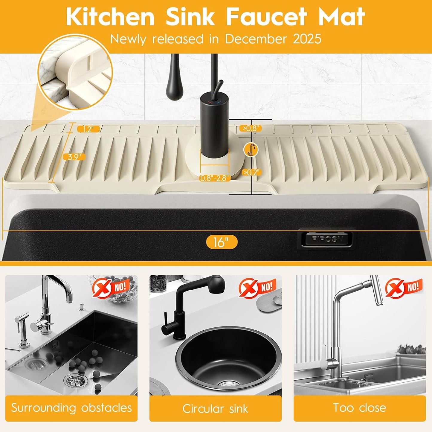 16" Silicone Faucet Mat for Kitchen Sink of The Lastest, Beige | 8° Slope Fast Self-draining, Kitchen Sink Water Splash Guard, Behind Faucet Draining Mat, for Bathroom Kitchen Sink Area