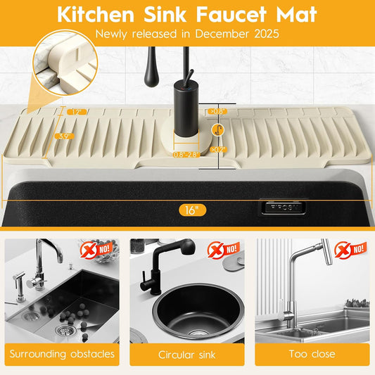 16" Silicone Faucet Mat for Kitchen Sink of The Lastest, Beige | 8° Slope Fast Self-draining, Kitchen Sink Water Splash Guard, Behind Faucet Draining Mat, for Bathroom Kitchen Sink Area