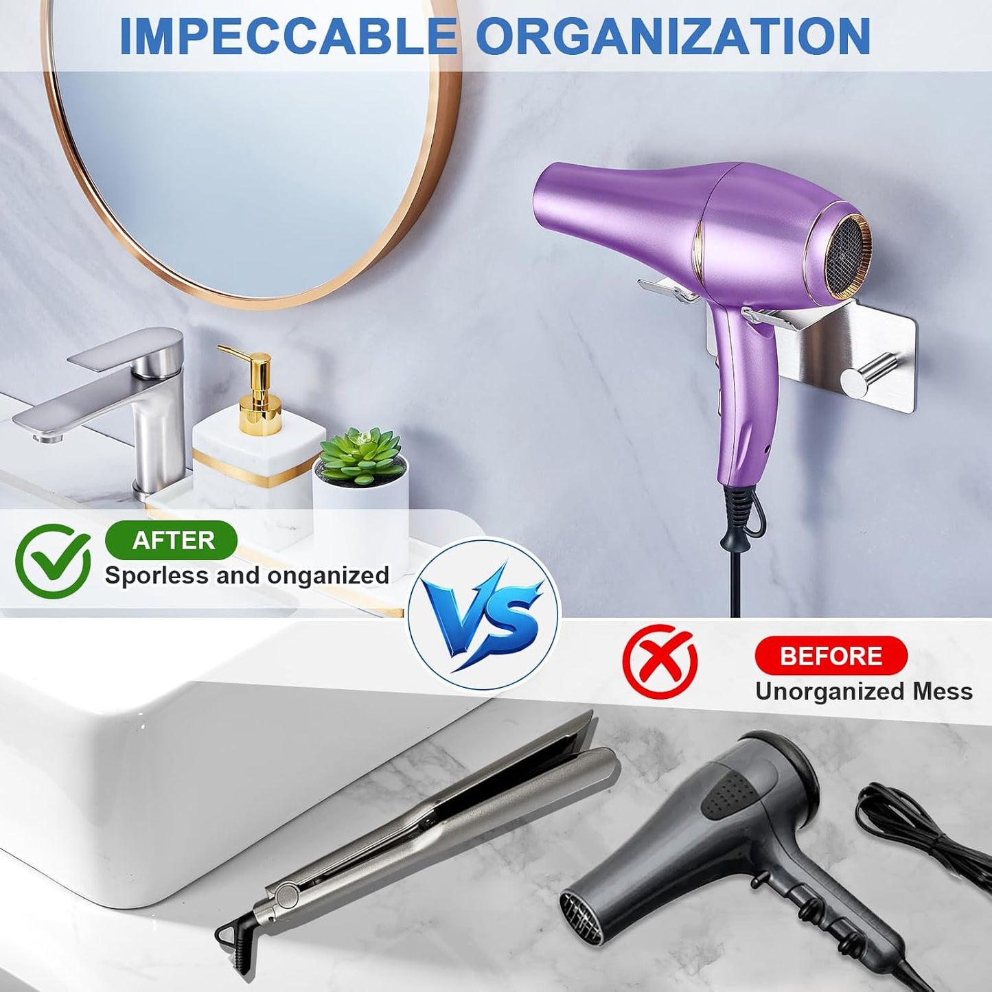 Hair Dryer Holder Wall Mounted, Blow Dryer Holder Adhesive, Metal Hairdryer Holder for Bathroom, Hair Tool Organizer with Plug&Cord for Cabinet Bathroom Bedroom Barber Shops (Rose Gold)