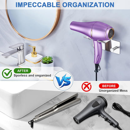 Hair Dryer Holder Wall Mounted, Blow Dryer Holder Adhesive, Metal Hairdryer Holder for Bathroom, Hair Tool Organizer with Plug&Cord for Cabinet Bathroom Bedroom Barber Shops (Rose Gold)