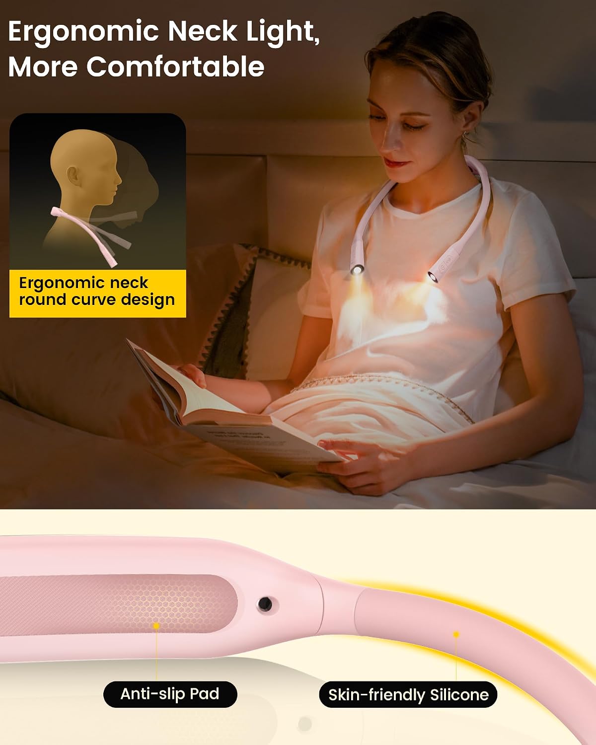 Glocusent Neck Book Light, Rechargeable Neck Lights for Crafts Reading | 1200mAh, Hands Free, 5 Colors, 5 Brightness, Lightweight, Book Lovers Gifts, Ergonomic, Bendable, Knitting, Repairing, Reader