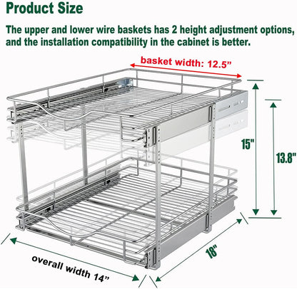 DINDON 2 Tier Pull Out Cabinet Organizer (20" W X 21" D), Double Tier Wire Basket Slide Out Shelf Storage for Kitchen Base Cabinet Organization for Kitchen, Pantry, Bathroom, Chrome