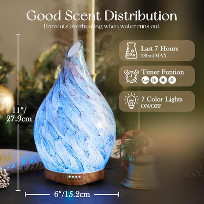 Porseme Essential Oil Diffuser 280ml Handmade Glass Diffuser 7H Runtime | Elegant Handmade Glass Aroma Diffuser with 7-color LEDs, Quiet Aromatherapy and Safe Auto Shut-off, Perfect for Gifts