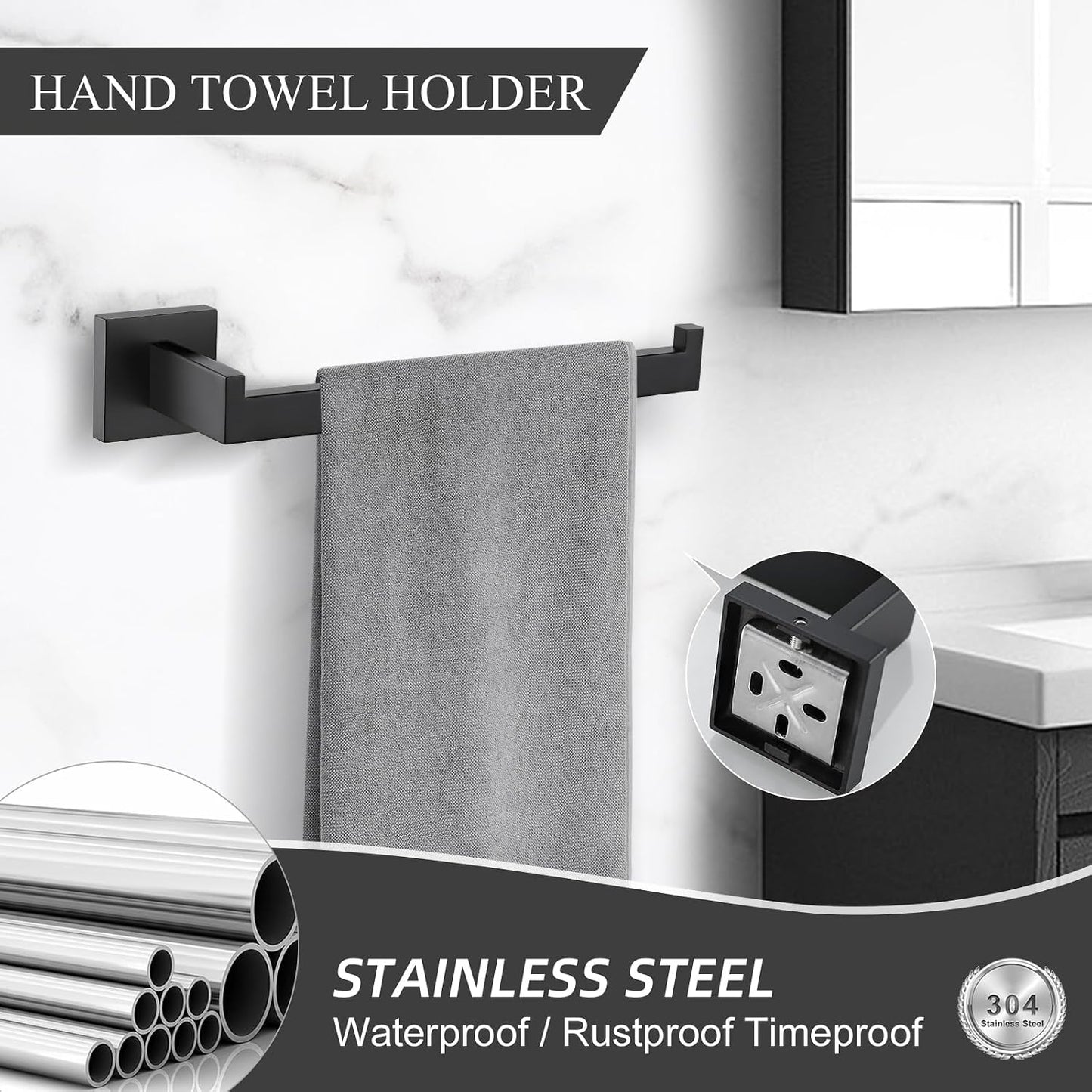 TURS Bathroom Hardware Set Black 4-Piece Towel Bar Set Include 24 Inch Towel Bar Hand Towel Holder Towel Hook Toilet Paper Holder with Shelf Wall Mounted Stainless Steel Bathroom Accessories Set