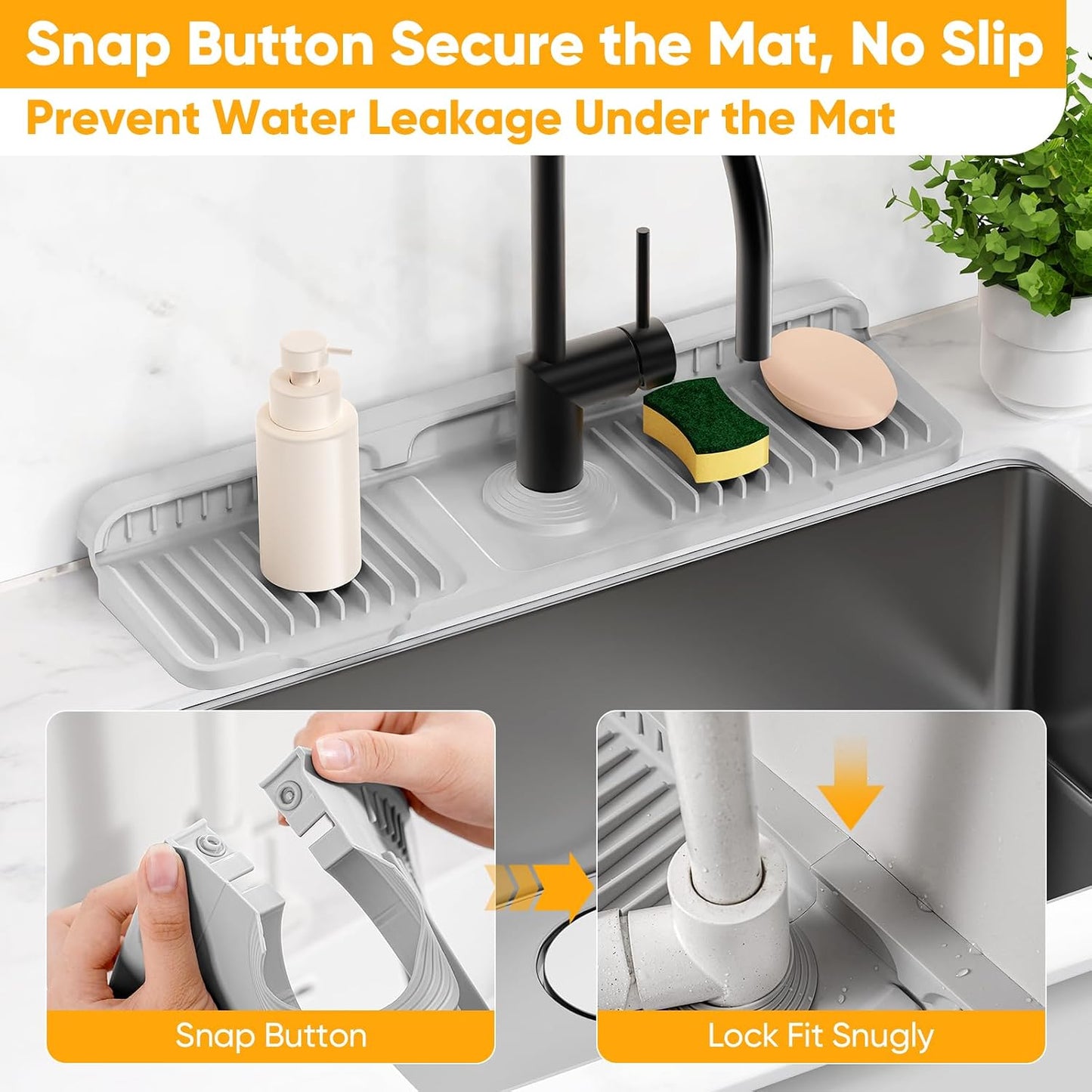 24'' Longer Faucet Mat for Kitchen Sink Splash Guard[7° Slope Fast Self-draining][Snap Lock Fit]Kitchen Sink Faucet Mat Splash Guard Kitchen Sink Area Water Splash Guard Behind Faucet Draining Mat