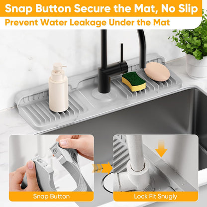 24'' Longer Faucet Mat for Kitchen Sink Splash Guard[7° Slope Fast Self-draining][Snap Lock Fit]Kitchen Sink Faucet Mat Splash Guard Kitchen Sink Area Water Splash Guard Behind Faucet Draining Mat