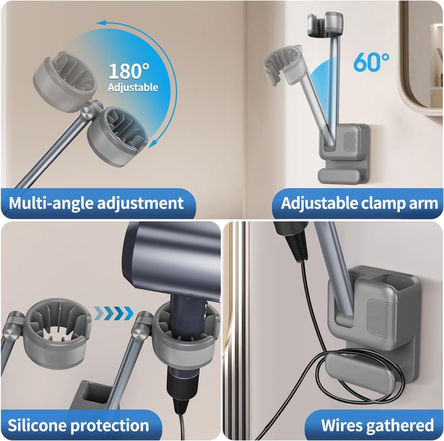 Hands Free Hair Dryer Holder Wall Mount, Adjustable Bathroom Blower Dryer Holder Wall Mounted Hook Rack, Vanity Cabinet Door Hanger Storage, Suitable for Most Walls, Hair Dryers, with Cord Organizer