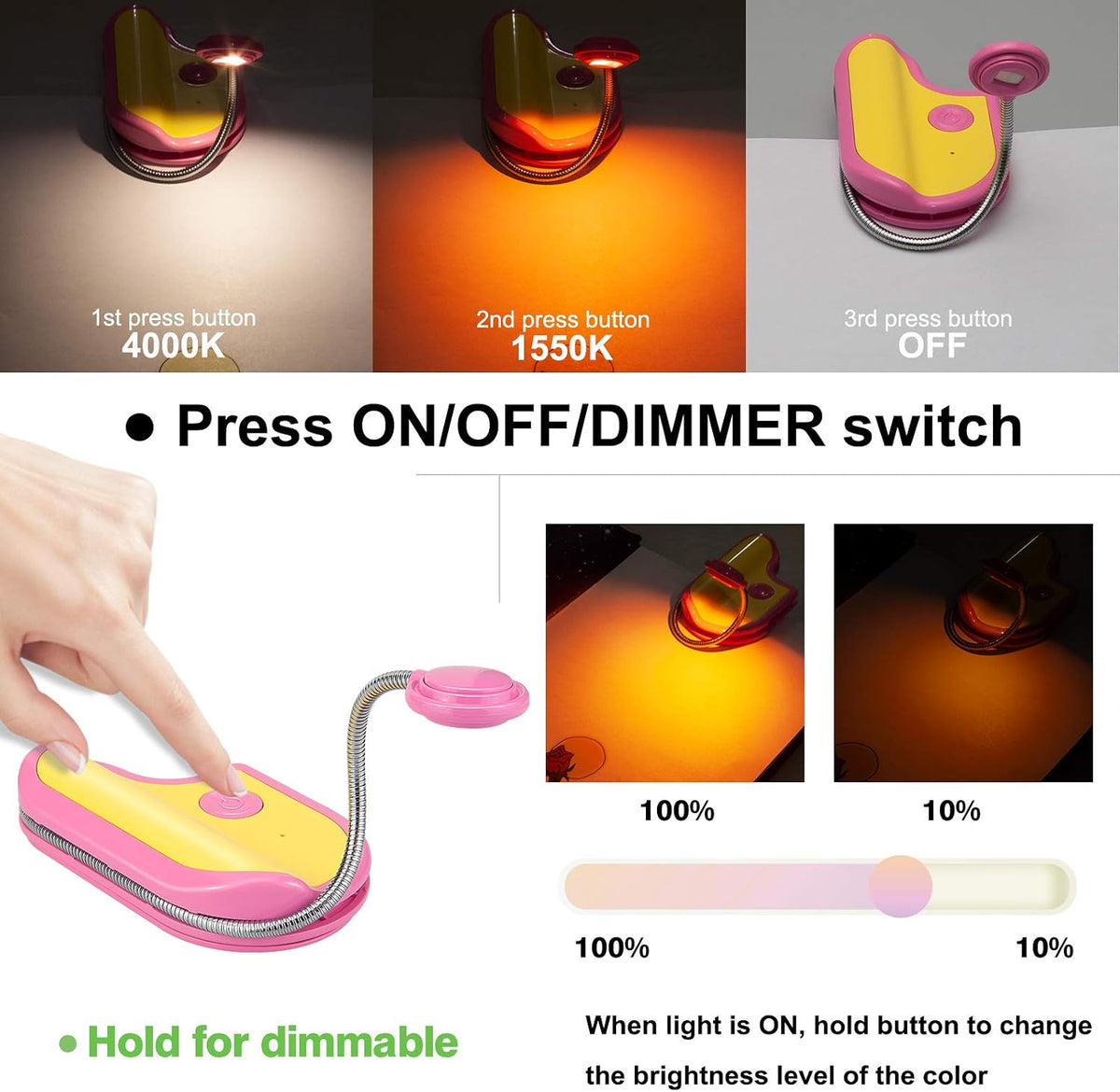 BIGMONAT Rechargeable Reading Light for Kids,Small Amber Book Reading Lights,Multi Colors Portable LED Reading Lamp with 360° Rotary Light Neck,Wireless Clip Reading Lighting for Books (Green)