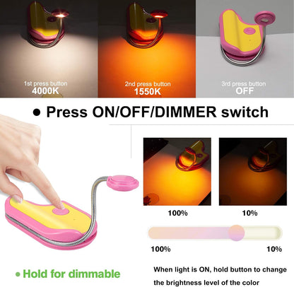BIGMONAT Rechargeable Reading Light for Kids,Small Amber Book Reading Lights,Multi Colors Portable LED Reading Lamp with 360° Rotary Light Neck,Wireless Clip Reading Lighting for Books (Green)
