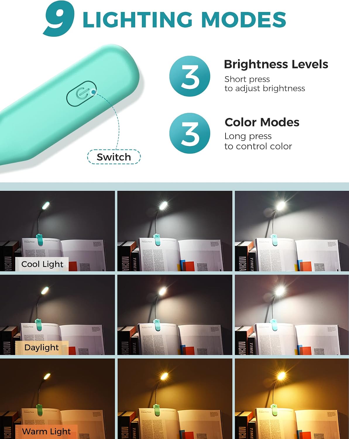 Monotremp Rechargeable Book Lights for Reading at Night, Clip-On 3 Colors | Eye-caring ultralight clip-on, stepless dimming, no flicker, amber mode, 80H runtime, 1.3oz, memory, gift for book lovers.