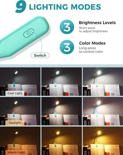 Monotremp Rechargeable Book Lights for Reading at Night, Clip-On 3 Colors | Eye-caring ultralight clip-on, stepless dimming, no flicker, amber mode, 80H runtime, 1.3oz, memory, gift for book lovers.