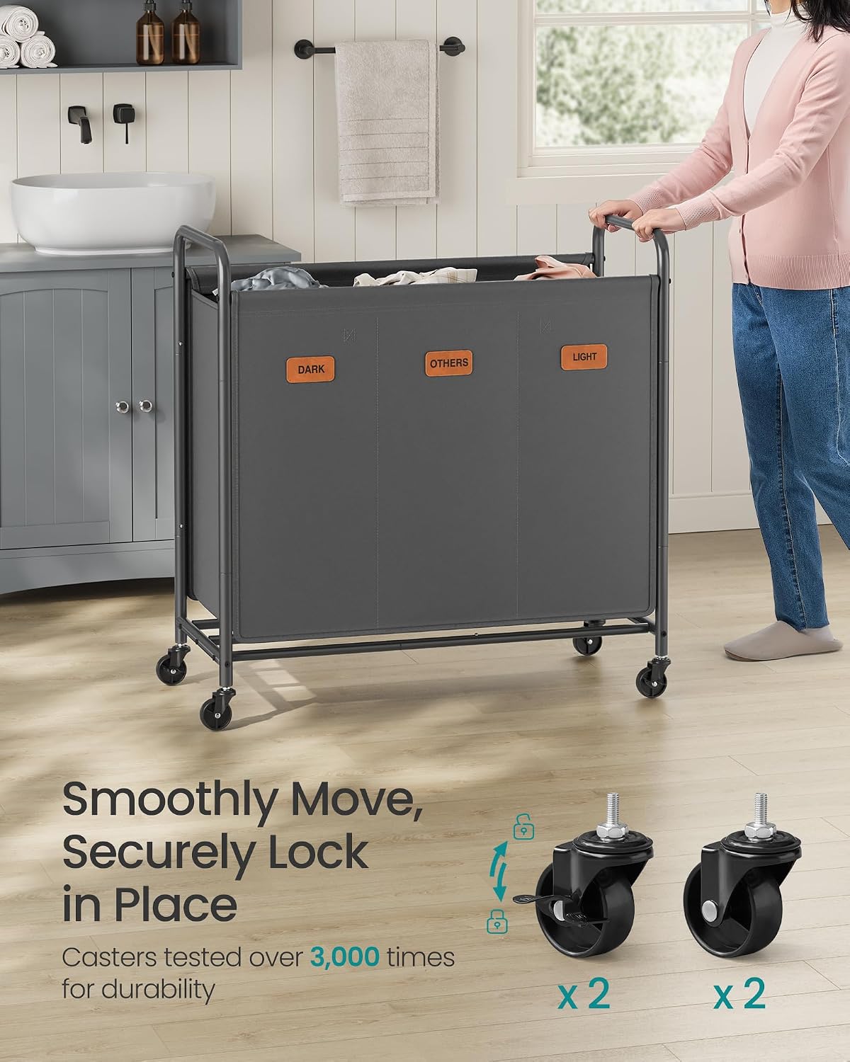 SONGMICS 2-Section Laundry Sorter, Laundry Hamper with Wheels, Rolling Clothes Hamper Cart with Large Capacity and Removable Bags, for Laundry Room, Bedroom, Bathroom, Ink Black URLS210B01 | Rolling Clothes Hamper Cart, Large Capacity, for Laundry Room,