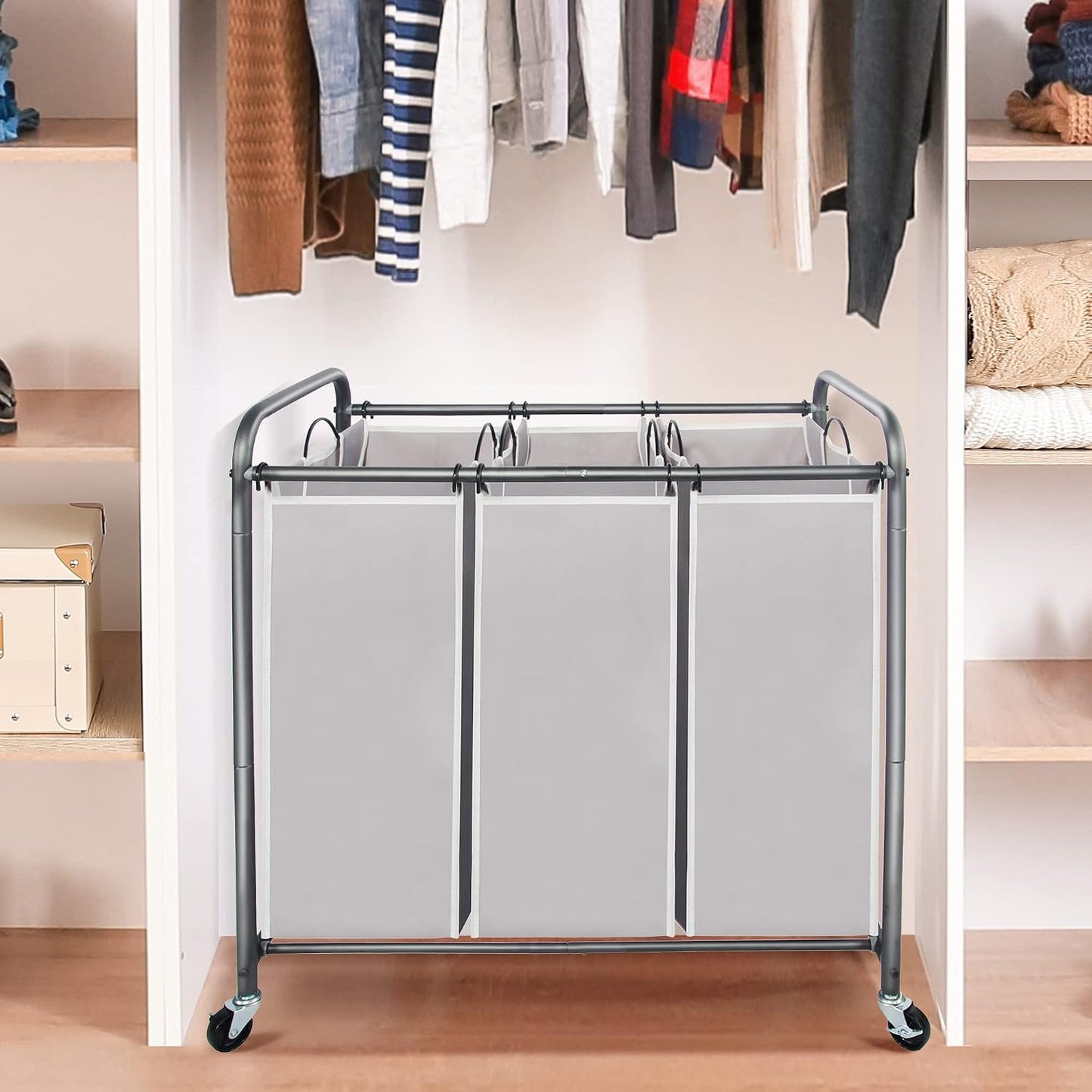 STO STO Laundry Sorter 3 Section, 3 Bag Clothes Hamper, Rolling Laundry Cart Basket with Heavy Duty Lockable Wheels and Removable Bag for Laundry Room, Bedroom, Closet, Black
