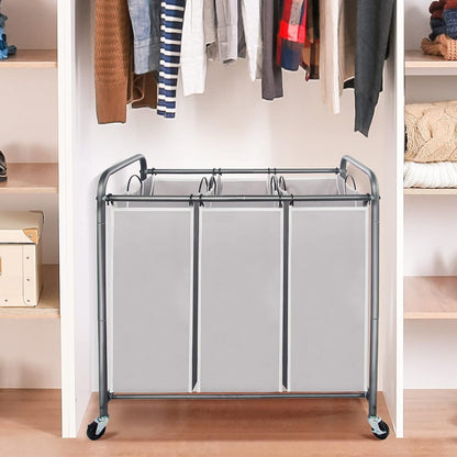 STO STO Laundry Sorter 3 Section, 3 Bag Clothes Hamper, Rolling Laundry Cart Basket with Heavy Duty Lockable Wheels and Removable Bag for Laundry Room, Bedroom, Closet, Black
