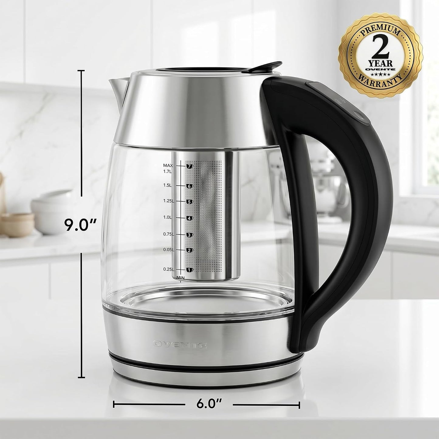 OVENTE 1.8L Glass Electric Kettle with Tea Infuser, Silver KGD752S | 1500W Fast Boiling, Easy Fill Lid, 7 Temperature Control, Keep Warm, Digital Display, Auto Shut-Off, Boil-Dry Protection
