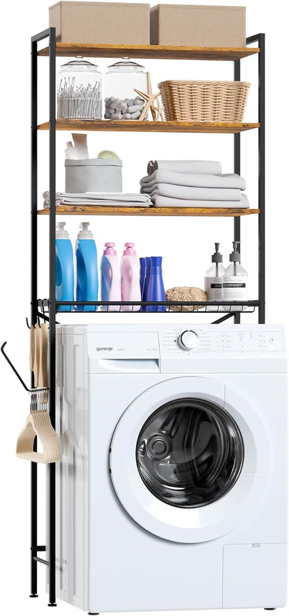 Laundry Room Storage Shelf & Organizer, 2 Tier Metal Over Washer and Dryer Shelves, Washing Machine Shelf with Hanger Rod, Expandable Bathroom Space Saver Shelf, 26–37" L x 15.8" W x 59.5" H, Black