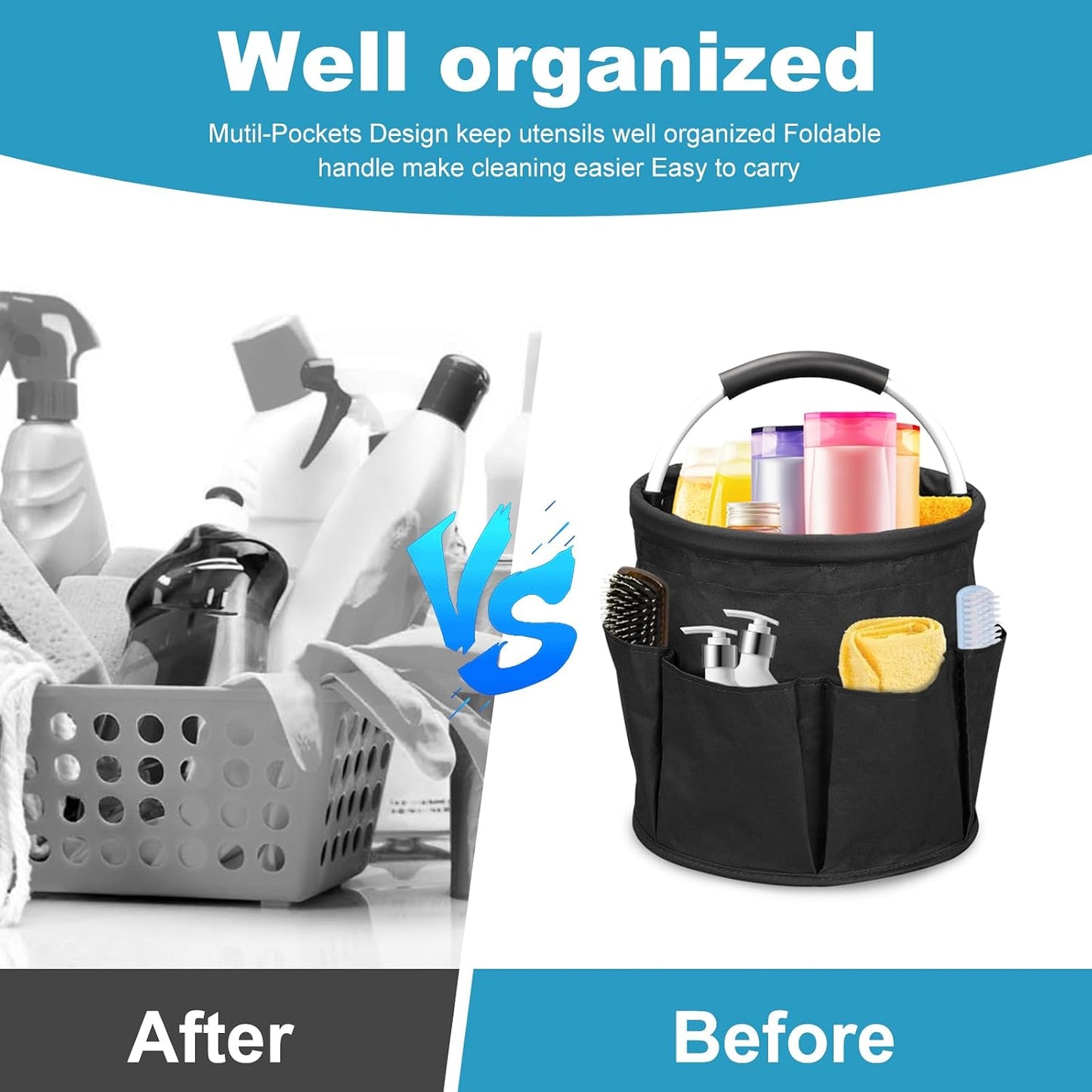 Qivine 17L Cleaning Caddy with Handle, Foldable Cleaning Supply Caddy(Blue) | Cleaning Caddy for Cleaning Supplies, Portable Cleaning Supplies Organizer with 6 Pockets, Cleaning Bucket for Kitchen Garden
