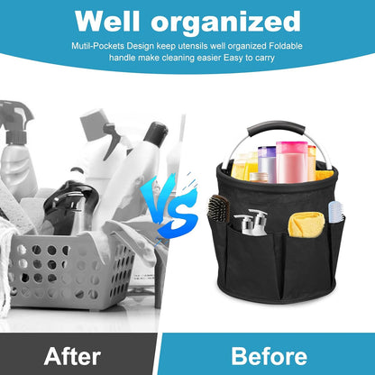 Qivine 17L Cleaning Caddy with Handle, Foldable Cleaning Supply Caddy(Blue) | Cleaning Caddy for Cleaning Supplies, Portable Cleaning Supplies Organizer with 6 Pockets, Cleaning Bucket for Kitchen Garden