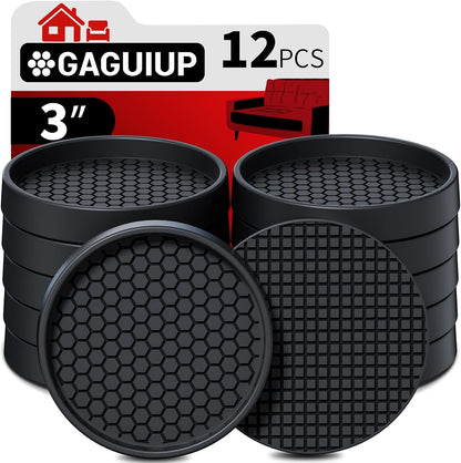 Non Slip Furniture Pads for Hardwood Floors - 12PCS 2" Caster Cups, Round | Furniture Stoppers to Prevent Sliding, Anti Slip Furniture Coasters Cup, Floor Protectors for Furniture Bed Couch Chair,Black