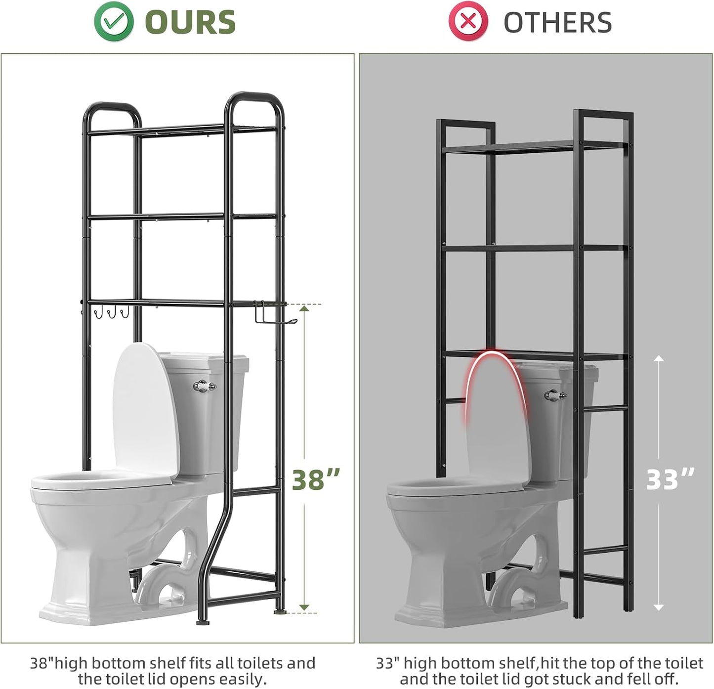 Simple Trending Over The Toilet Storage Cabinet, Metal Bathroom Shelf Organizer with Paper Holder and Hooks, 3 Tier, Black