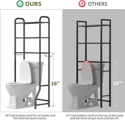Simple Trending Over The Toilet Storage Cabinet, Metal Bathroom Shelf Organizer with Paper Holder and Hooks, 3 Tier, Black