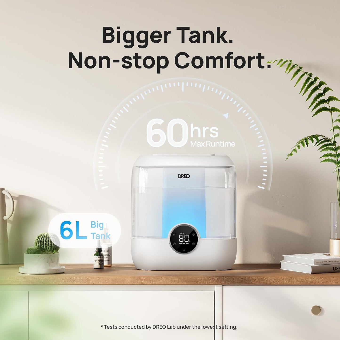DREO 6L Smart Humidifiers for Bedroom, Large Room, 60H Runtime, Quiet 28dB | Top Fill Supersized Cool Mist Humidifier for Plants, Indoor, Home, Night Light, App/Touch/Voice Control, Black
