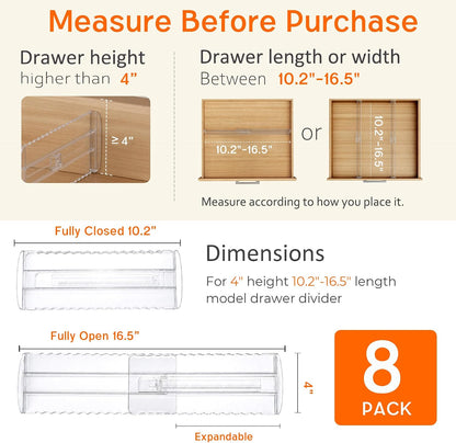 4 Pack 4" High Drawer Dividers for Clothes, 10.2"-16.5" Expandable | Dresser Drawer Organizers, Adjustable Plastic Clear Drawer Separators for Kitchen, Baby Clothing, Socks & Underwear Storage