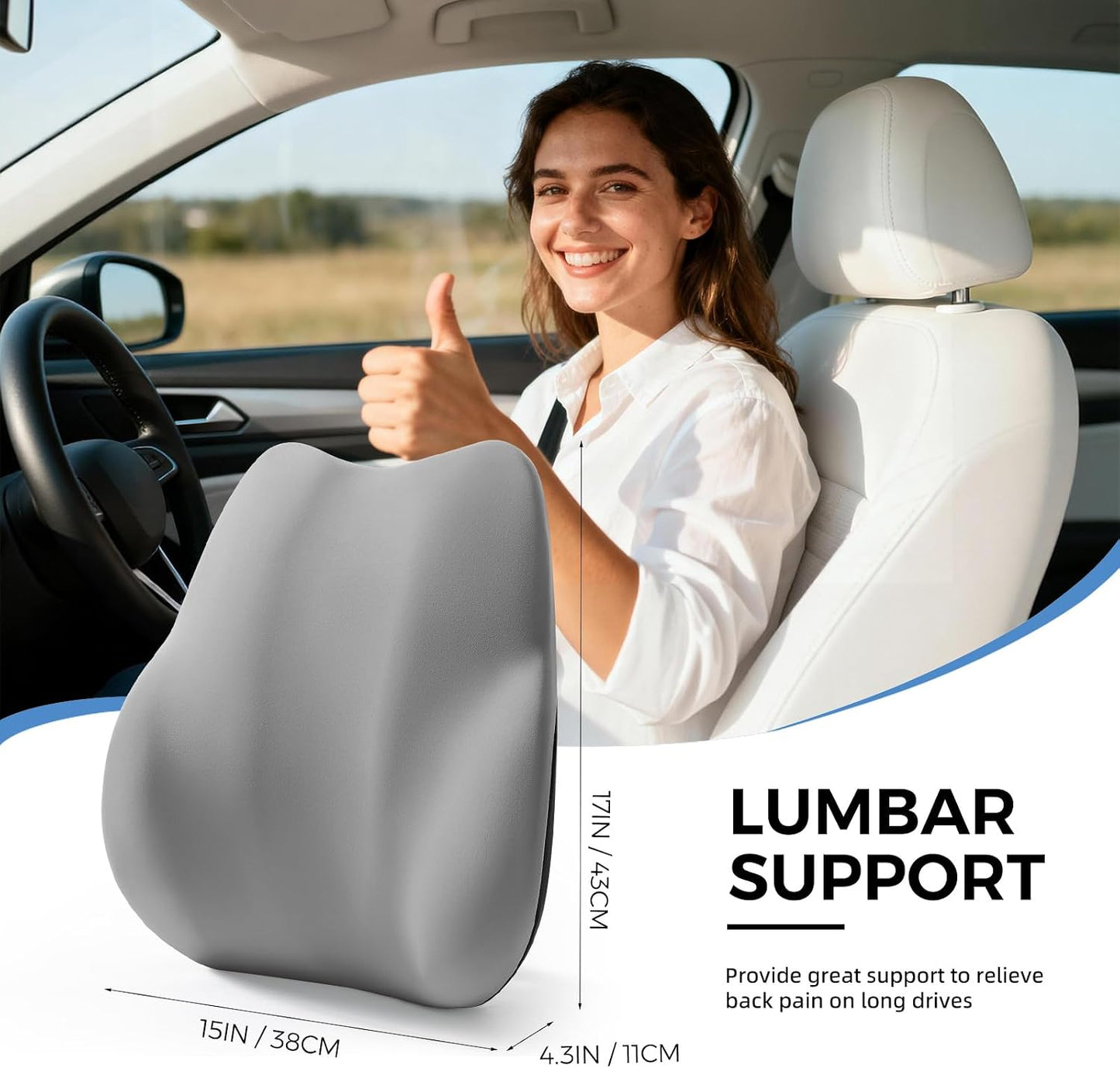 BEBAS Ergonomic Lumbar Support Pillow for Car, Memory Foam Car Back Cushion | Comfort Lumbar Pillow for Back Pain Relief, Breathable Washable Cover, Fits for Driving, Office, Wheelchair, Black