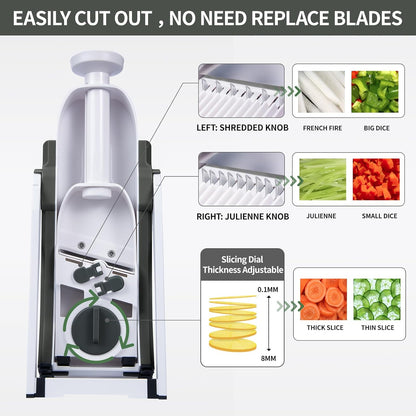 ONCE FOR ALL Safe Mandoline Slicer Plus, Bigger Size, Potato Slicer, Black | 0.1-8mm Adjustable Vegetable Food Chopper, Kitchen Mandoline Slicer Stainless Steel, Detachable Blade, Dishwasher-safe, Gift