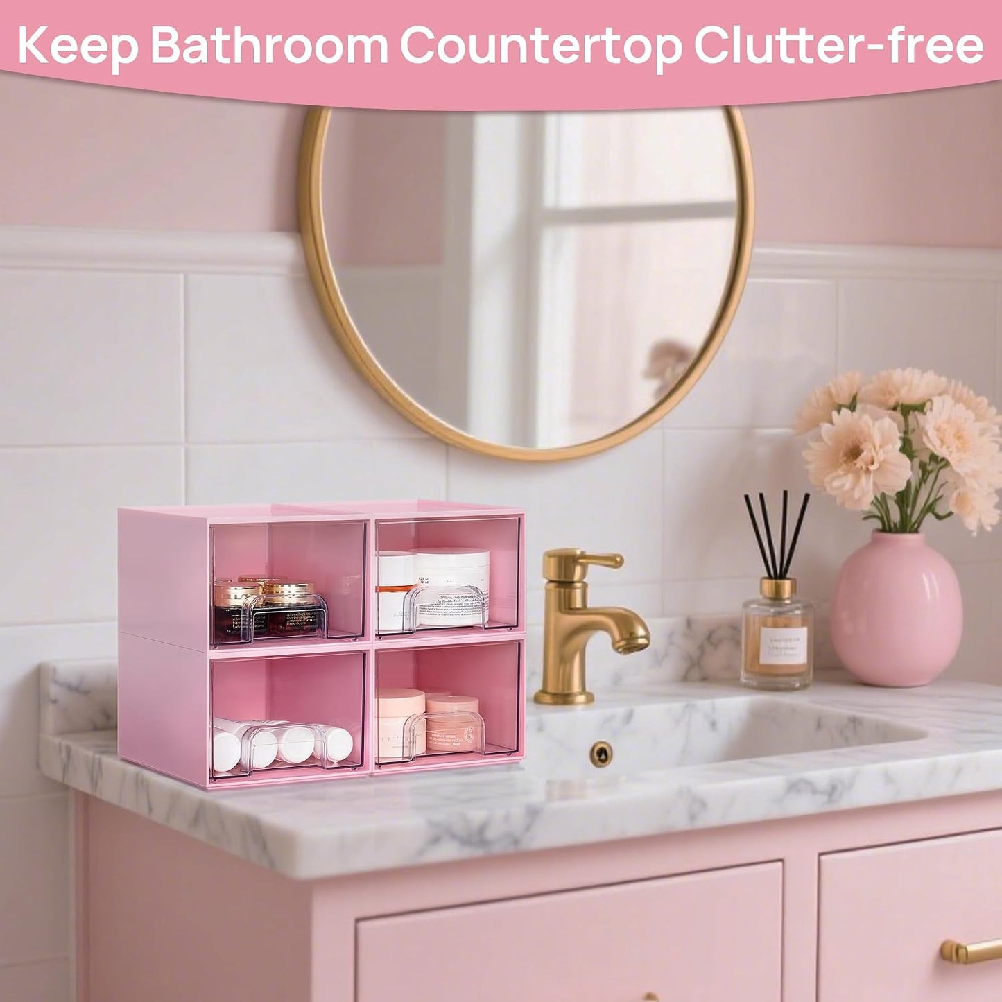Vtopmart 4 Pack Small Clear Stackable Storage Drawers, Fits Narrow Spaces | Multi-Use Plastic Bins for Bathroom Cabinet Organizer, Makeup, Desk, Vanity, Undersink, Medicine ,Keeps Small Items Organized