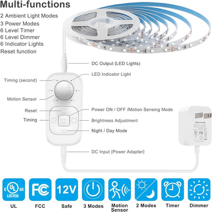 Motion Sensor Under Cabinet Lights - Plug-in LED Strip Lights Indoor with Power Adapter, Dimmer and Timer for Kitchen Cabinet, Counter, Shelf, Showcase, Stairway, Bedroom, Corridor, Washroom