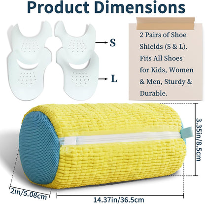 Shoe Washing Machine Bag Built-in Bristles | 2 Pack with Shoe Crease Protectors, for Women & Men, Yellow, Reusable Sneaker Laundry Bag for Washer and Dryer