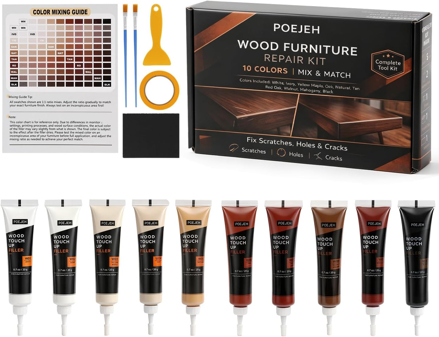 10 Color Wood Repair Kit Blendable Anti-Crack Furniture Restore Set | Full Tool & Color Chart, Strong Adhesion, Repairs Floor Cabinet Wood Surfaces, Practical Housewarming DIY Gift Kit