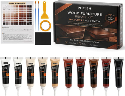 10 Color Wood Repair Kit Blendable Anti-Crack Furniture Restore Set | Full Tool & Color Chart, Strong Adhesion, Repairs Floor Cabinet Wood Surfaces, Practical Housewarming DIY Gift Kit