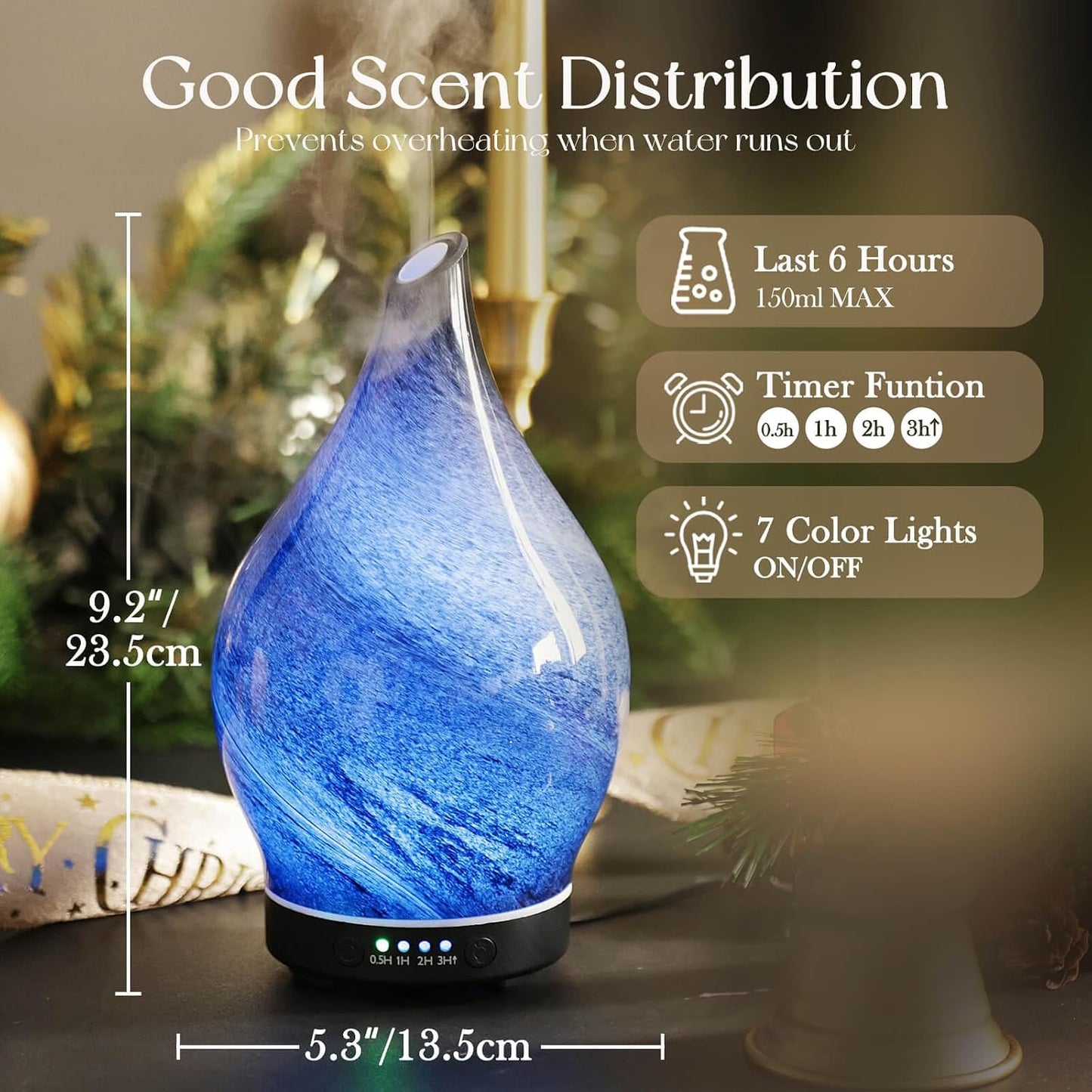 Porseme Oil Diffuser 3D Glass Aromatherapy Ultrasonic Humidifier, Air Refresh Auto Shut-Off, Timer Setting, BPA Free for Home Hotel Yoga Leisure SPA Gift 150ml Last 6H - Colors B