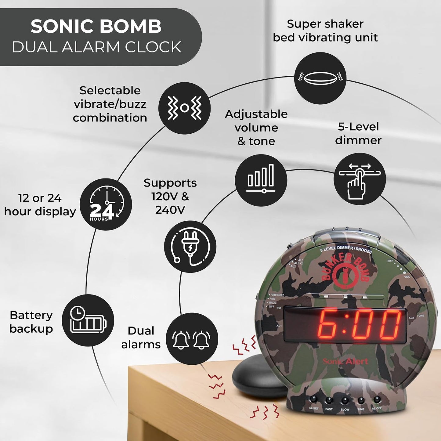 Sonic Alert Sonic Bomb Dual Alarm Clock with Bed Shaker, Black Vibrating Alarm Clock Heavy Sleepers, Battery Backup | Wake with a Shake