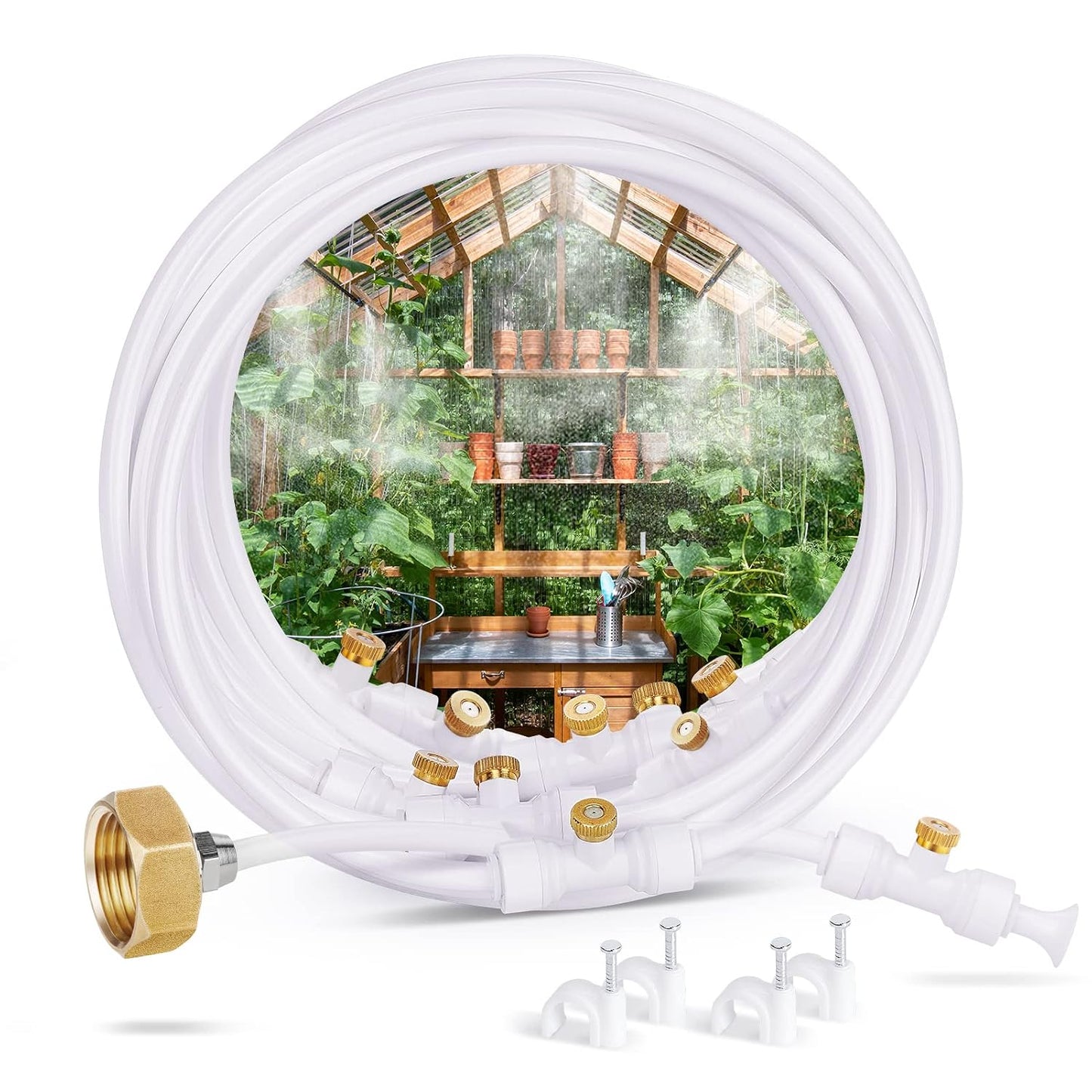 homenote Misting Cooling System 75FT(23M) Pre-Assembled Kit with 28 Brass Nozzles & 3/4" Brass Adapter, Outdoor Mister for Patio, Backyard, Pergola & Greenhouse