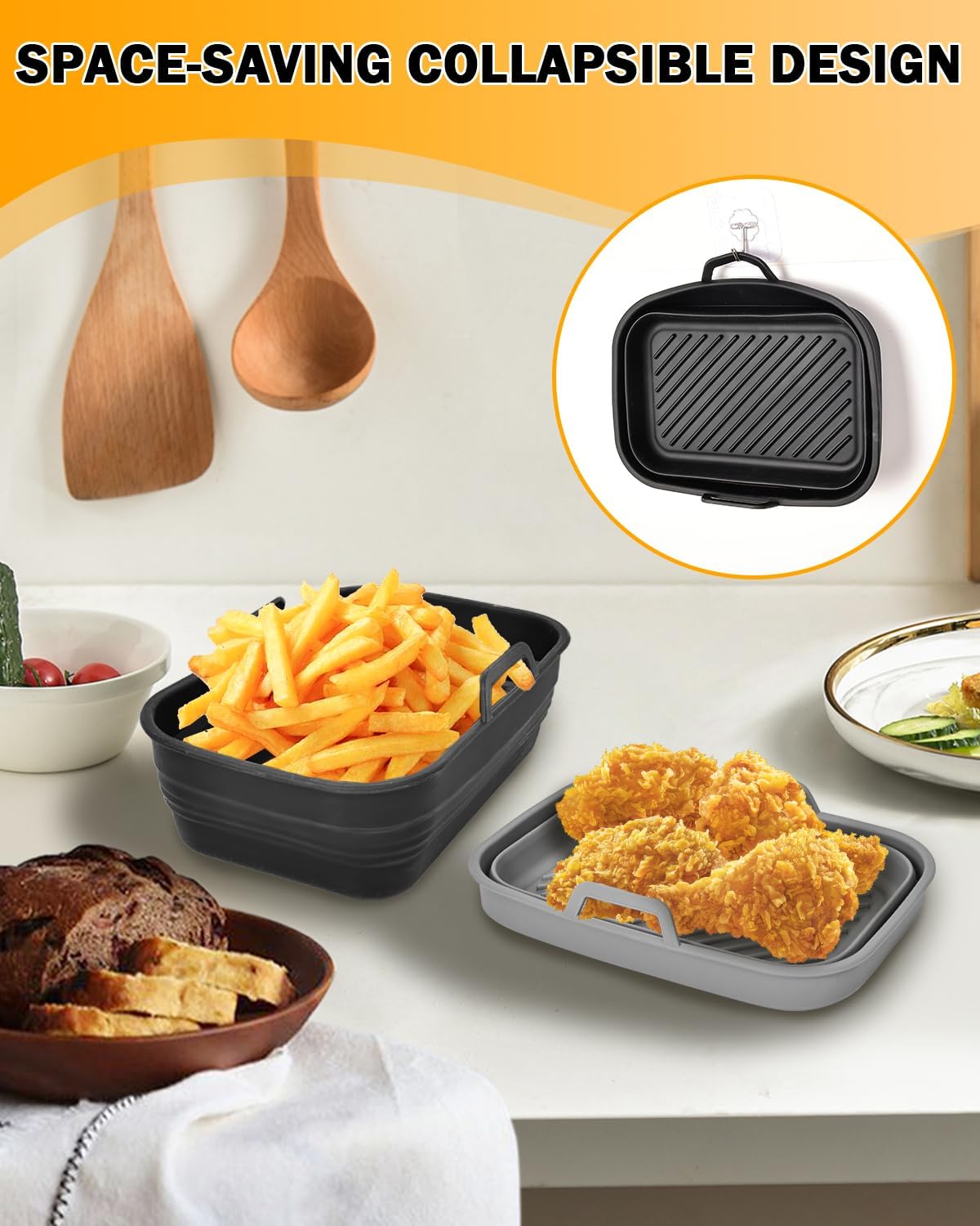 Air Fryer Silicone Liners Collapsible 2-Pack for bella Slim 4Qt(3.3lb) | Reusable Airfryer Silicone Pot Baking Basket Insert Accessories, Non Stick, Easy Cleaning, Gray+Black