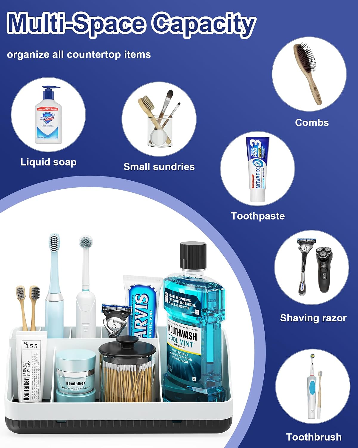 Bathroom Counter Organizer and Storage, 7 Slots Detachable Toothbrush Holders for Bathrooms, Anti-Slip Electric Toothbrush and Toothpaste Holder Countertop Vanity Organizer Accessories for Adults Kids