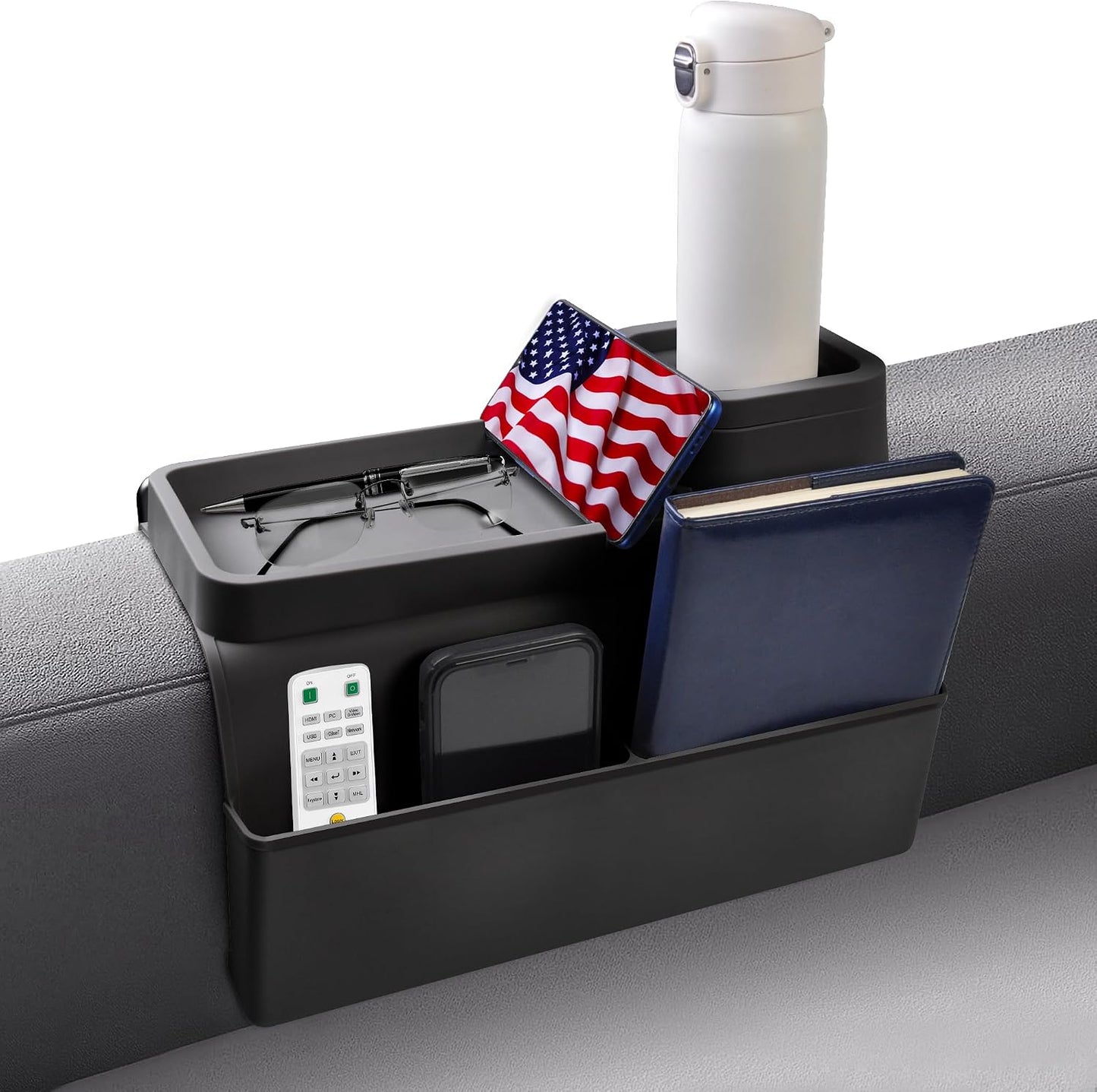 Couch Cup Holder Tray - Silicone Sofa Armrest Organizer Slate Gray | couch caddy with side pockets for drinks, phone, remote; sofa arm chair table arm chair caddy for recliner armrest organizer