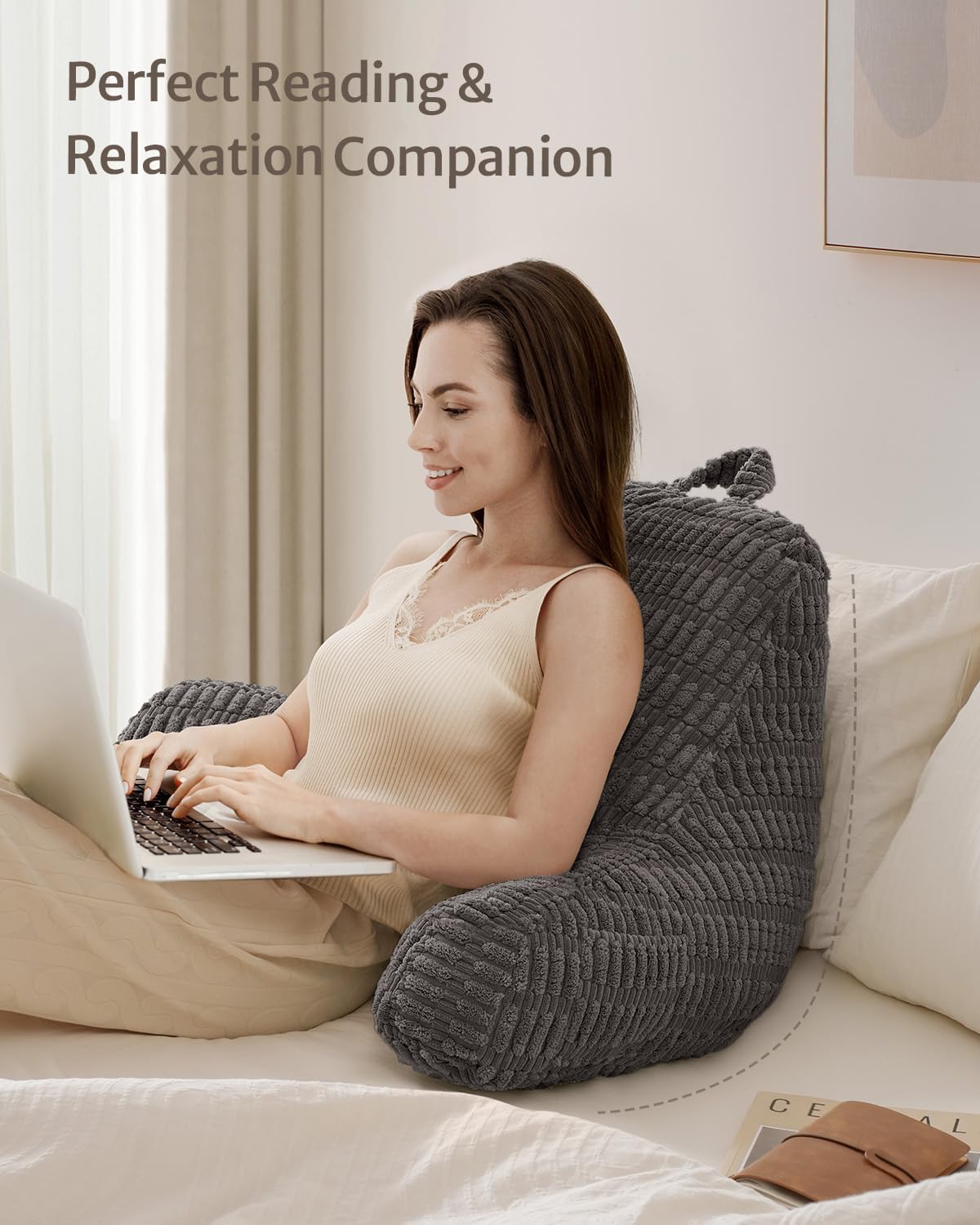 Blissful Diary Reading Pillow, Backrest Pillow with Shredded Memory Foam for Adult & Children, Designed for Bed and Couch Sitting Up, Includes Arms, Pockets and Washable Cover, Off White
