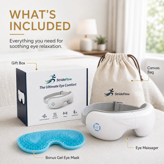 STRIDEFLOW Eye Massager with Heat, Migraine Mask & Headache Relief, FSA Eligible/HSA Eligible, Dry Eye Relief, GENTLE Warmth & LIGHT Compression, Cooling Gel Eye Mask, Foldable Rechargeable