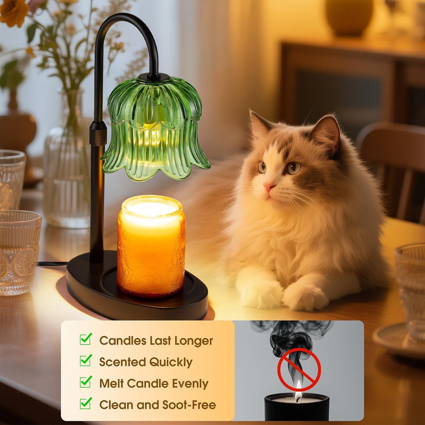 Candle Warmer Lamp Adjustable Timer - Electric Flower Glass Candles Light | Height Adjustable Dimmable Vintage Base Modern Wax Candles Jar Top Warmers Wax Melts Birthday Women Mom House Warming Gifts