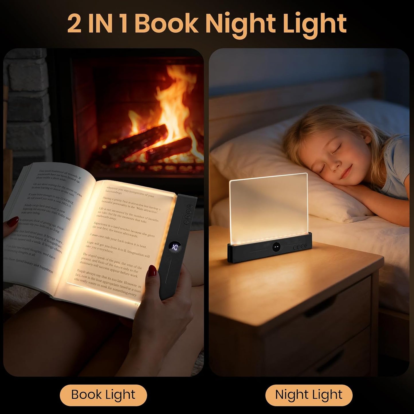 LED Book Light, 3 Color Temps & Stepless Dimming, Night Reading with Timer | 2-In-1 Rechargeable Clear LED Flat Reading Light and Night Light. Perfect for Night Reading and Bookish Gifts(Black)