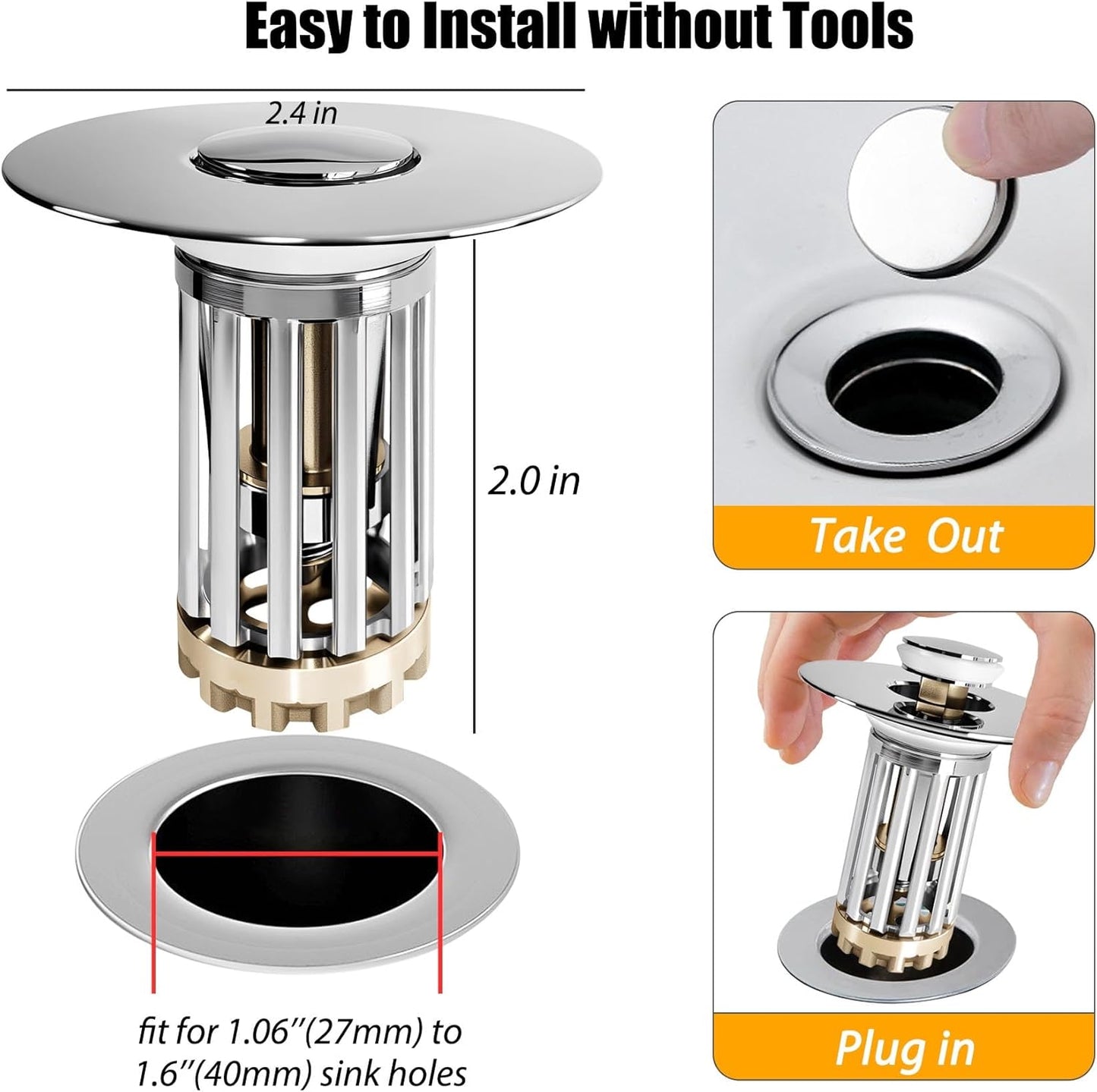 Anlige Bathroom Sink Drain Strainer, 3 in 1 Pop Up Bathroom Sink Stopper with Removable Brass Basket Hair Catcher, Universal Sink Plug for 1.06 to 1.6in Drain Hole, Chrome Silver
