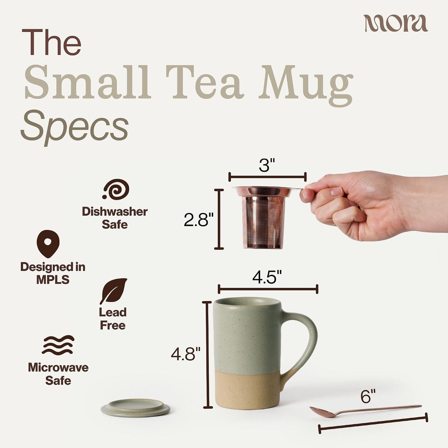 Mora Ceramics Tea Cup with Loose Leaf Infuser, Spoon and Lid, 12 oz, Microwave and Dishwasher Safe Coffee Mug - Rustic Matte Ceramic Glaze, Modern Herbal Tea Strainer - Great Gift for Women, Garnet