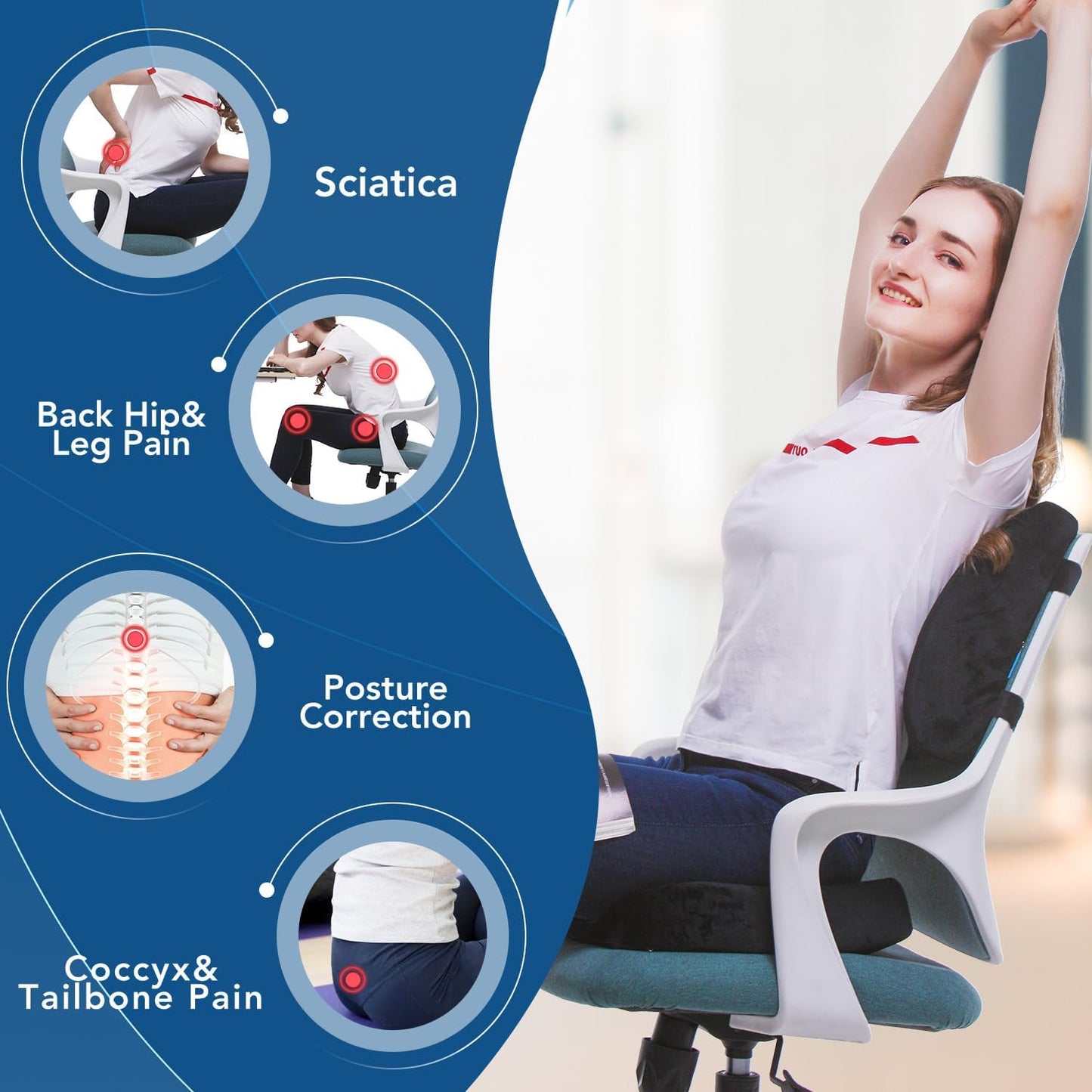 Memory Foam Seat Cushion & Lumbar Support Pillow for Office Chair Car Wheelchair Orthopedic Chair Pad and Back Cushion with Adjustable Straps for Lower Back, Tailbone, Sciatica, Hip Pain Relief