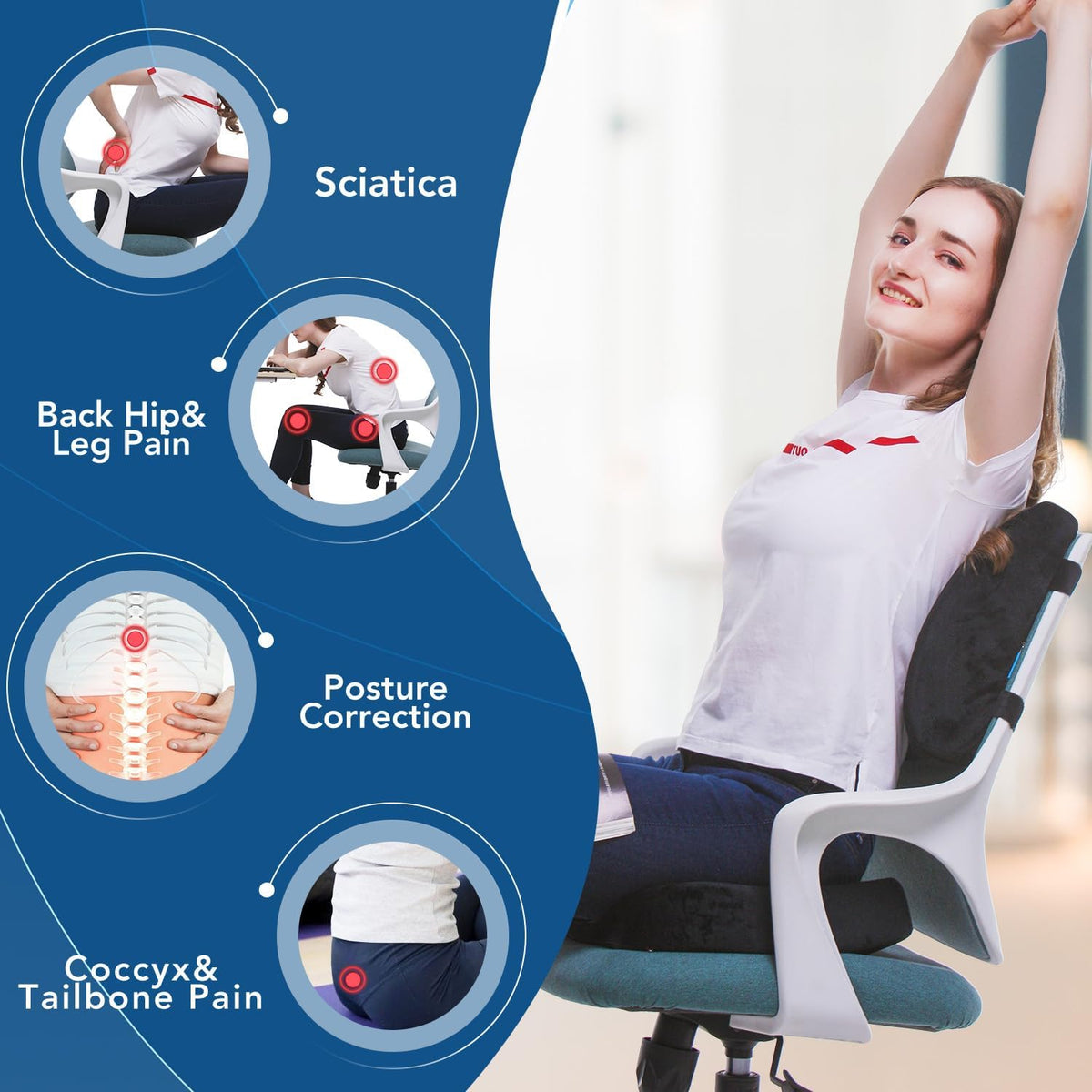 QUTOOL Seat Cushion and Lumbar Support Set for Office Chair – Supports Lower Back & Hips for Long Sitting Comfort, Helps Maintain a Comfortable Sitting Position, Ergonomic Memory Foam, Washable Cover