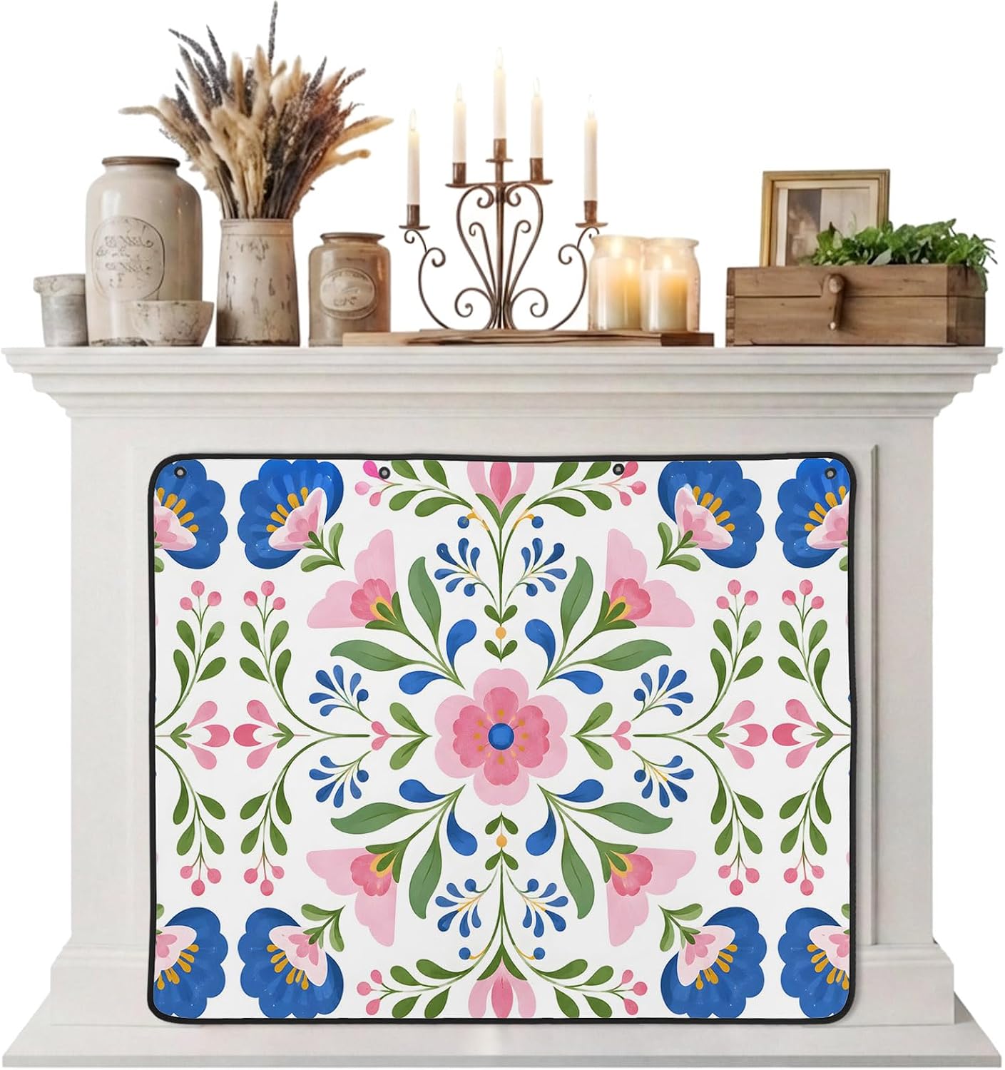 Magnetic Fireplace Cover Bird Branches Fireplace Screen Decorative Green Leaves Frame Insulation Fireplace Blocker Blanket Save Energy Fireplace Draft Stopper Covers for Living Room 45x34 Inch